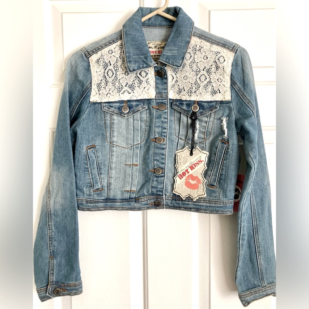 Hot Kiss Denim and Lace Crop Jacket (Small)